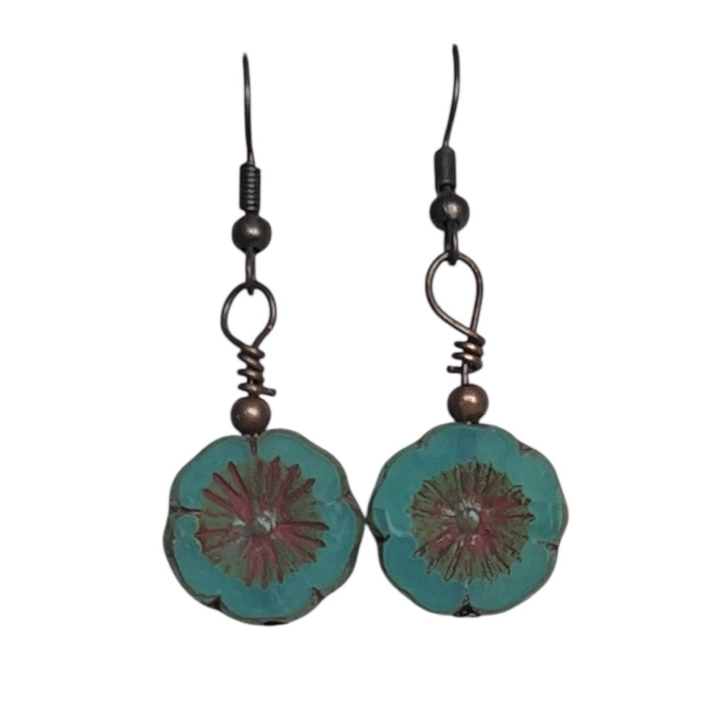 Turquoise Floral Dangle Pierced Earrings Beachy Boho Casual